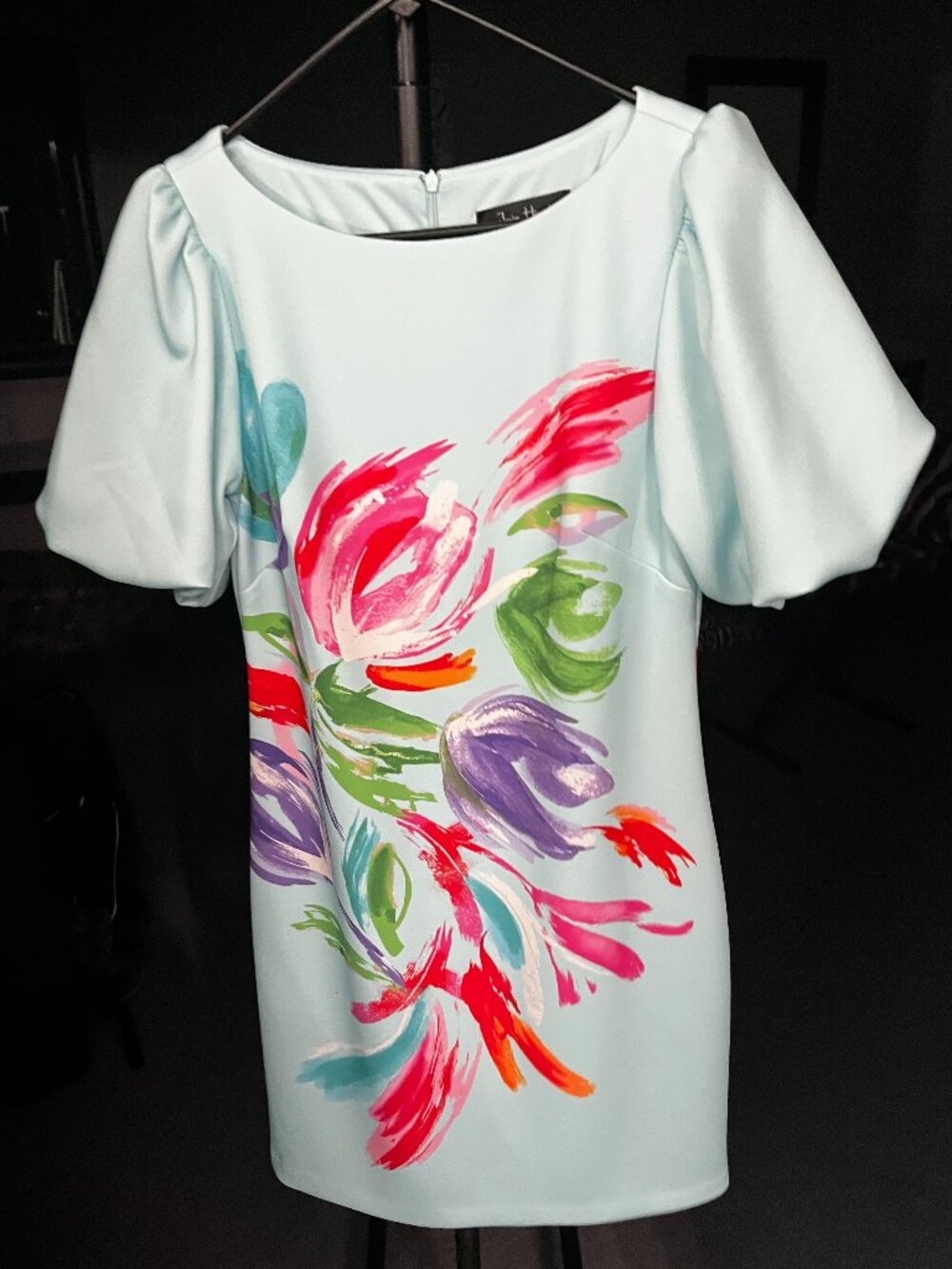 Jessica Howard Bright Turquoise Blue Floral Design Dress Puff Sleeves, Size 8